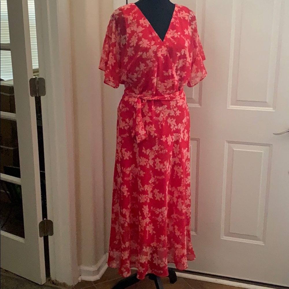 Lauren Nathua Floral Flutter Sleeve Faux Wrap Lined Dress - 14